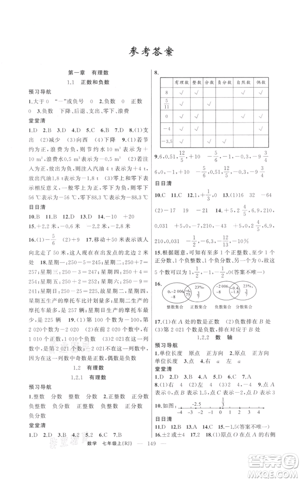 新疆青少年出版社2021四清導(dǎo)航七年級(jí)上冊(cè)數(shù)學(xué)人教版河南專(zhuān)版參考答案