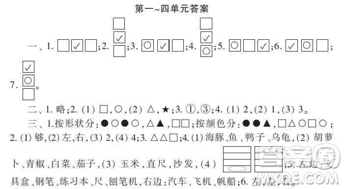 2021年小學(xué)生數(shù)學(xué)報配套試卷一年級上冊第一四單元測試卷參考答案