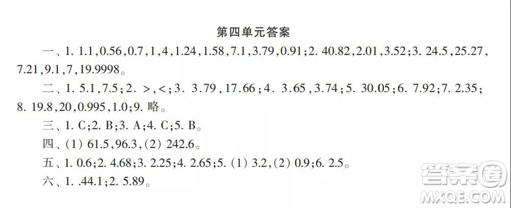 2021年小學(xué)生數(shù)學(xué)報配套試卷五年級上冊第一到四單元測試卷參考答案