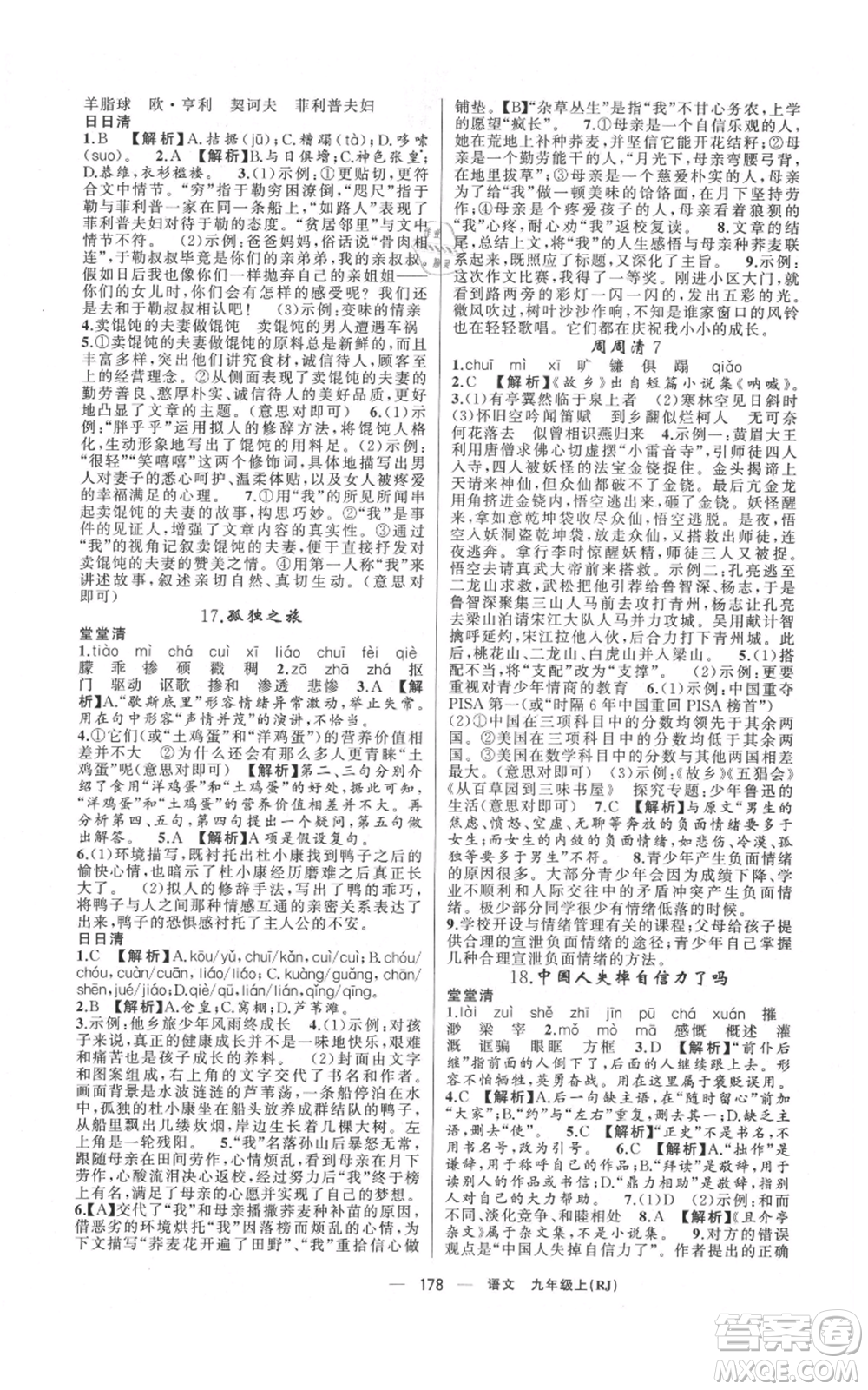 新疆青少年出版社2021四清導(dǎo)航九年級(jí)上冊(cè)語(yǔ)文人教版河南專(zhuān)版參考答案