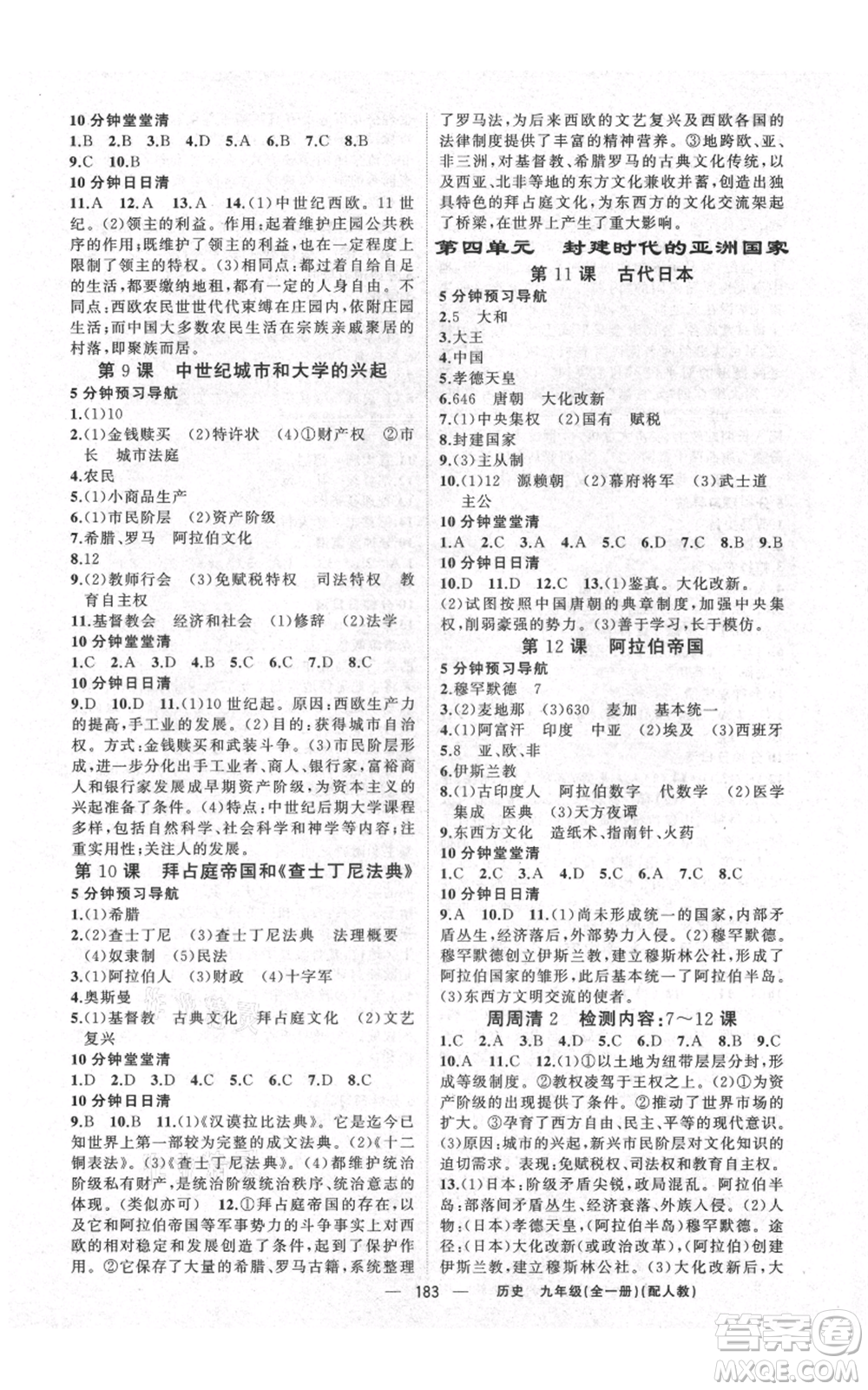 新疆青少年出版社2021四清導(dǎo)航九年級(jí)歷史人教版參考答案