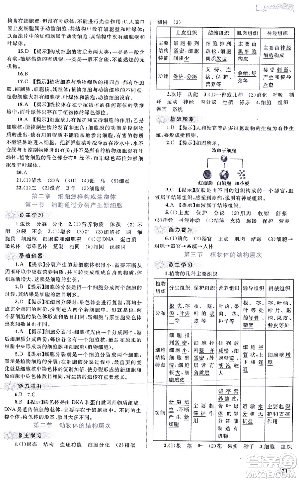 廣西教育出版社2021新課程學(xué)習(xí)與測評同步學(xué)習(xí)七年級生物上冊人教版答案