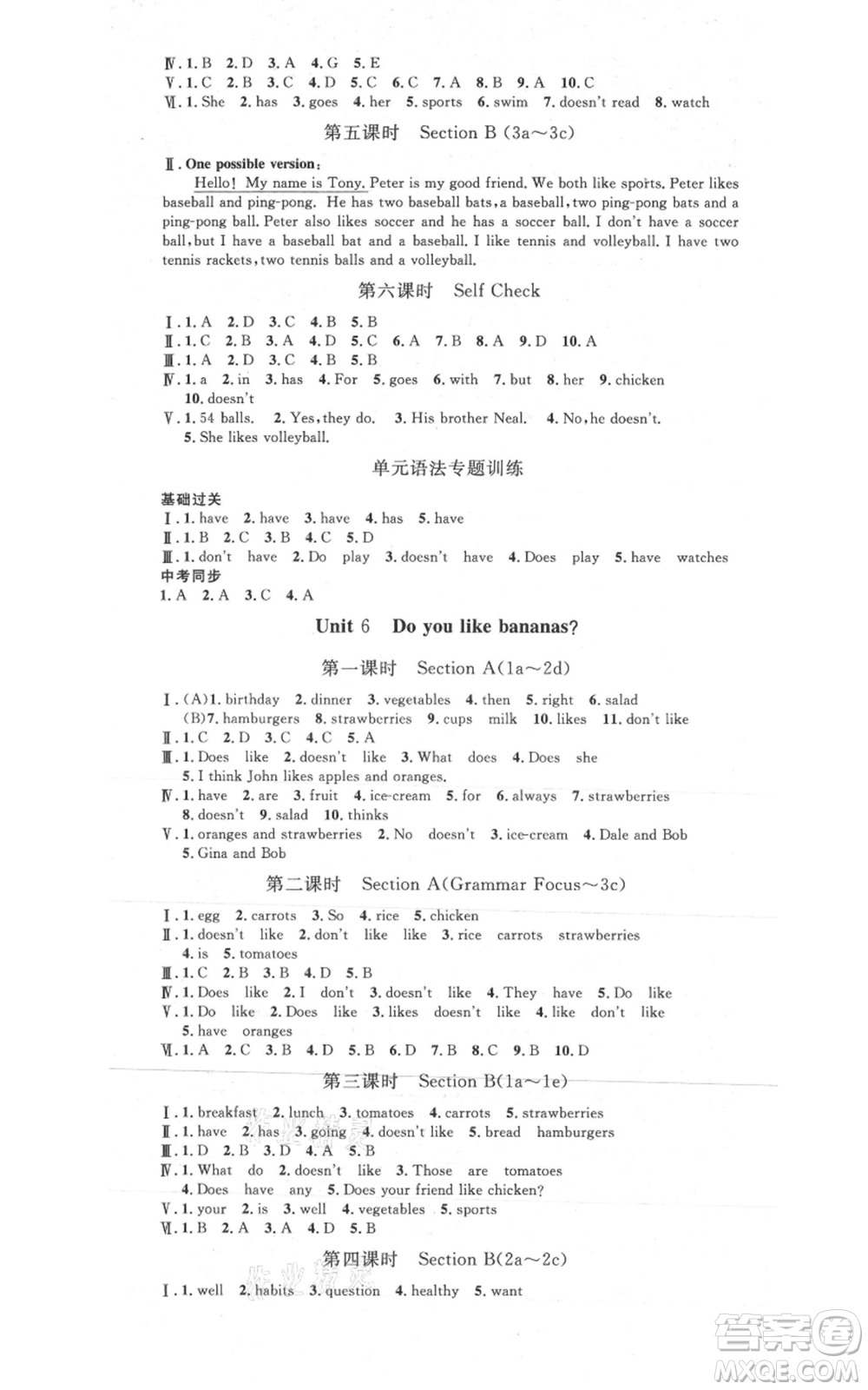 河北人民出版社2021思路教練同步課時作業(yè)七年級上冊英語人教版參考答案