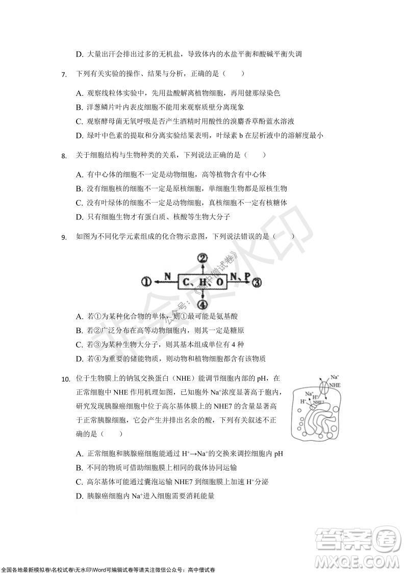 重慶市2021-2022學(xué)年10月月度質(zhì)量檢測(cè)高三生物試題及答案