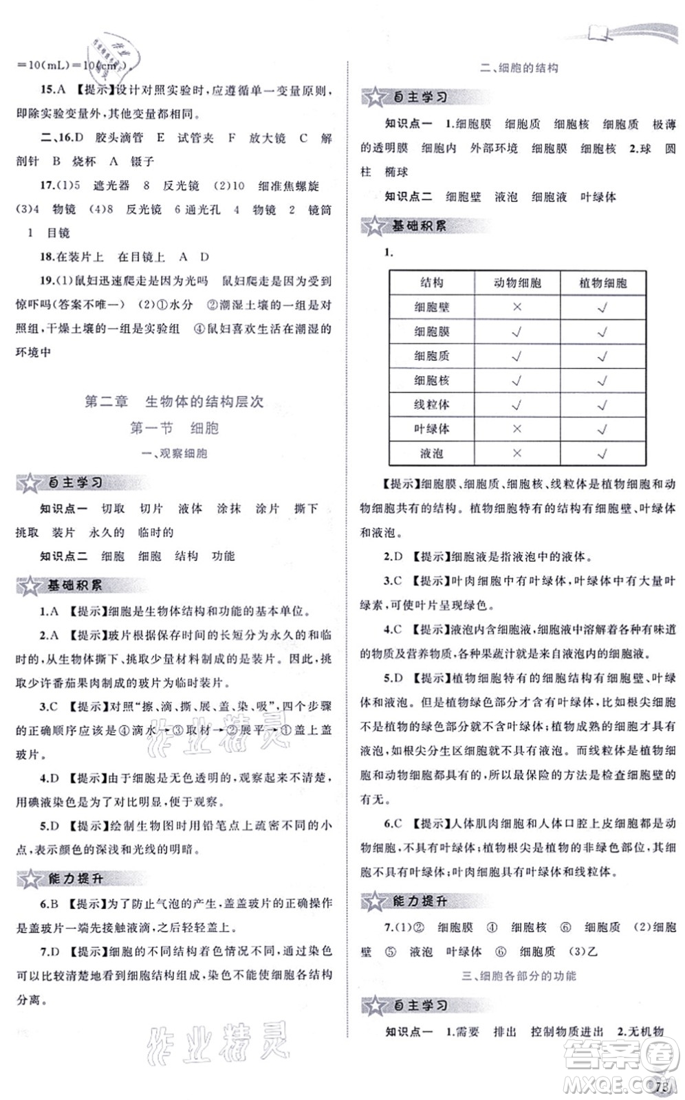 廣西教育出版社2021新課程學(xué)習(xí)與測(cè)評(píng)同步學(xué)習(xí)七年級(jí)生物上冊(cè)河北少兒版答案