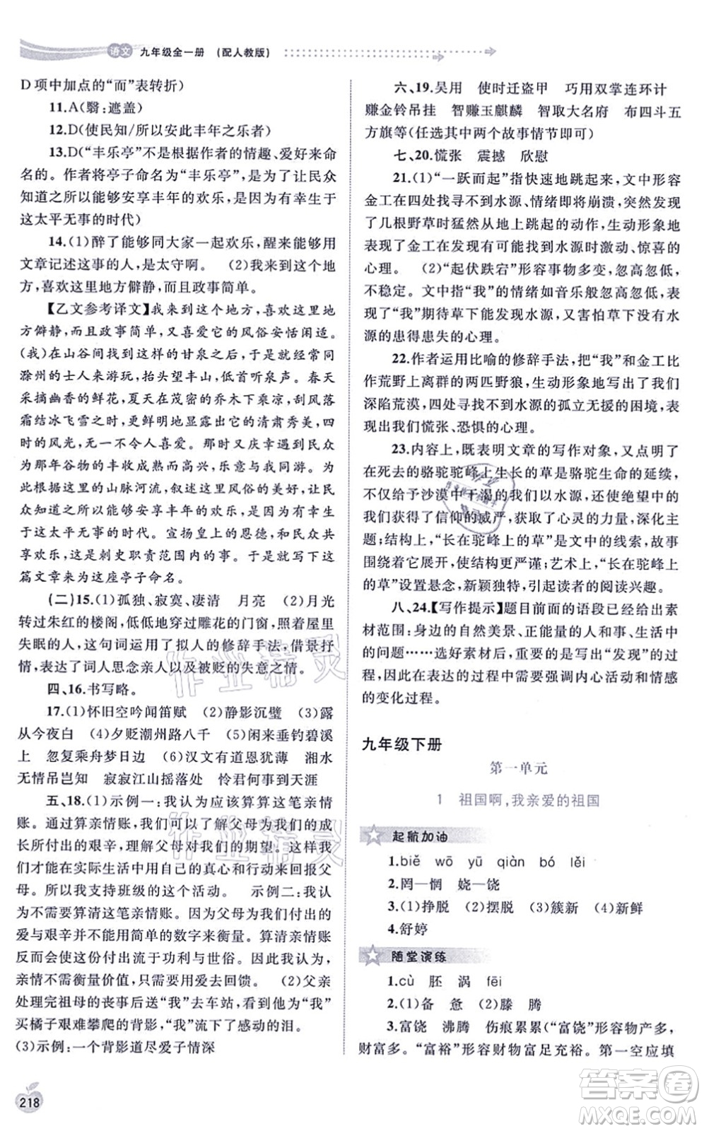 廣西教育出版社2021新課程學(xué)習(xí)與測(cè)評(píng)同步學(xué)習(xí)九年級(jí)語(yǔ)文全一冊(cè)人教版答案