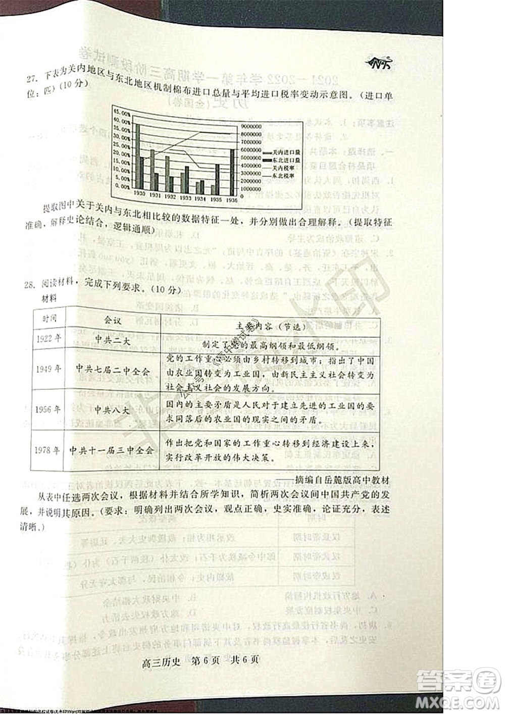 陜西十校聯(lián)考2021-2022學年第一學期高三階段測試卷歷史全國卷試題及答案