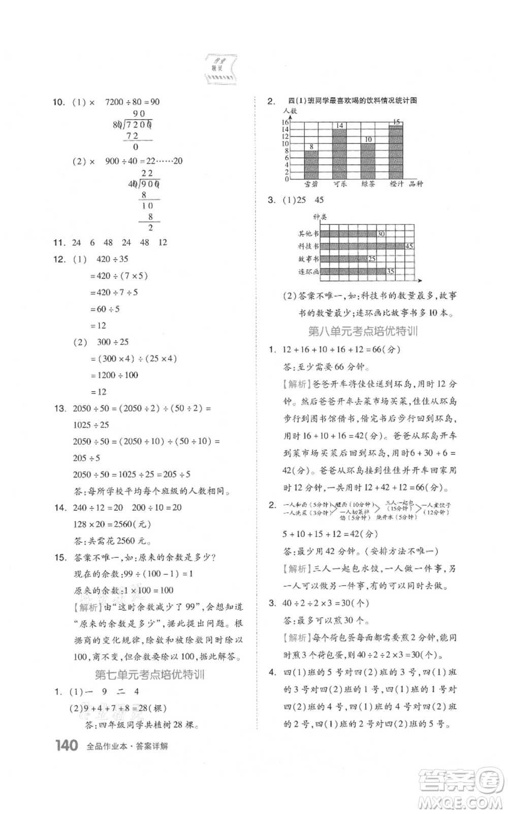天津人民出版社2021全品作業(yè)本四年級上冊數學人教版參考答案