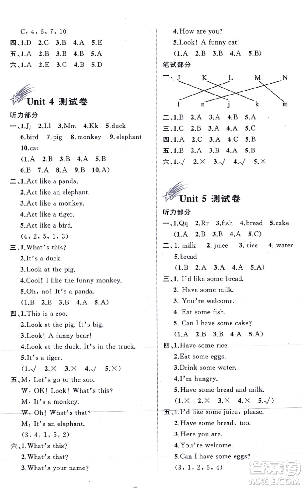 廣西教育出版社2021新課程學(xué)習(xí)與測評(píng)單元雙測三年級(jí)英語上冊(cè)人教版A版答案