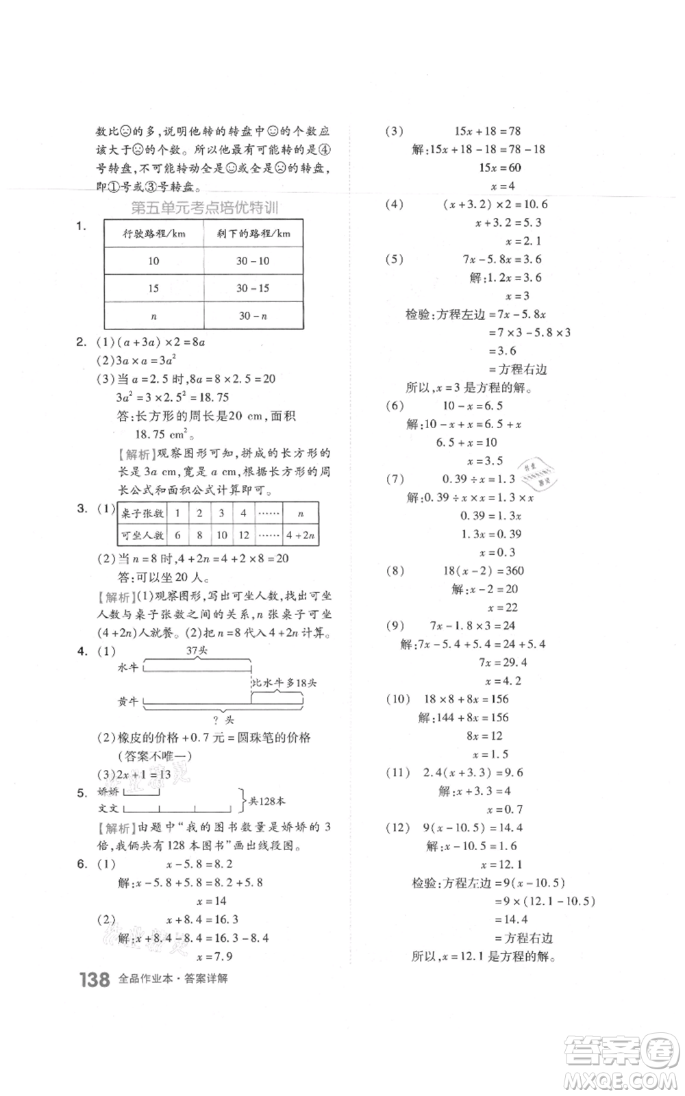 天津人民出版社2021全品作業(yè)本五年級上冊數(shù)學人教版參考答案