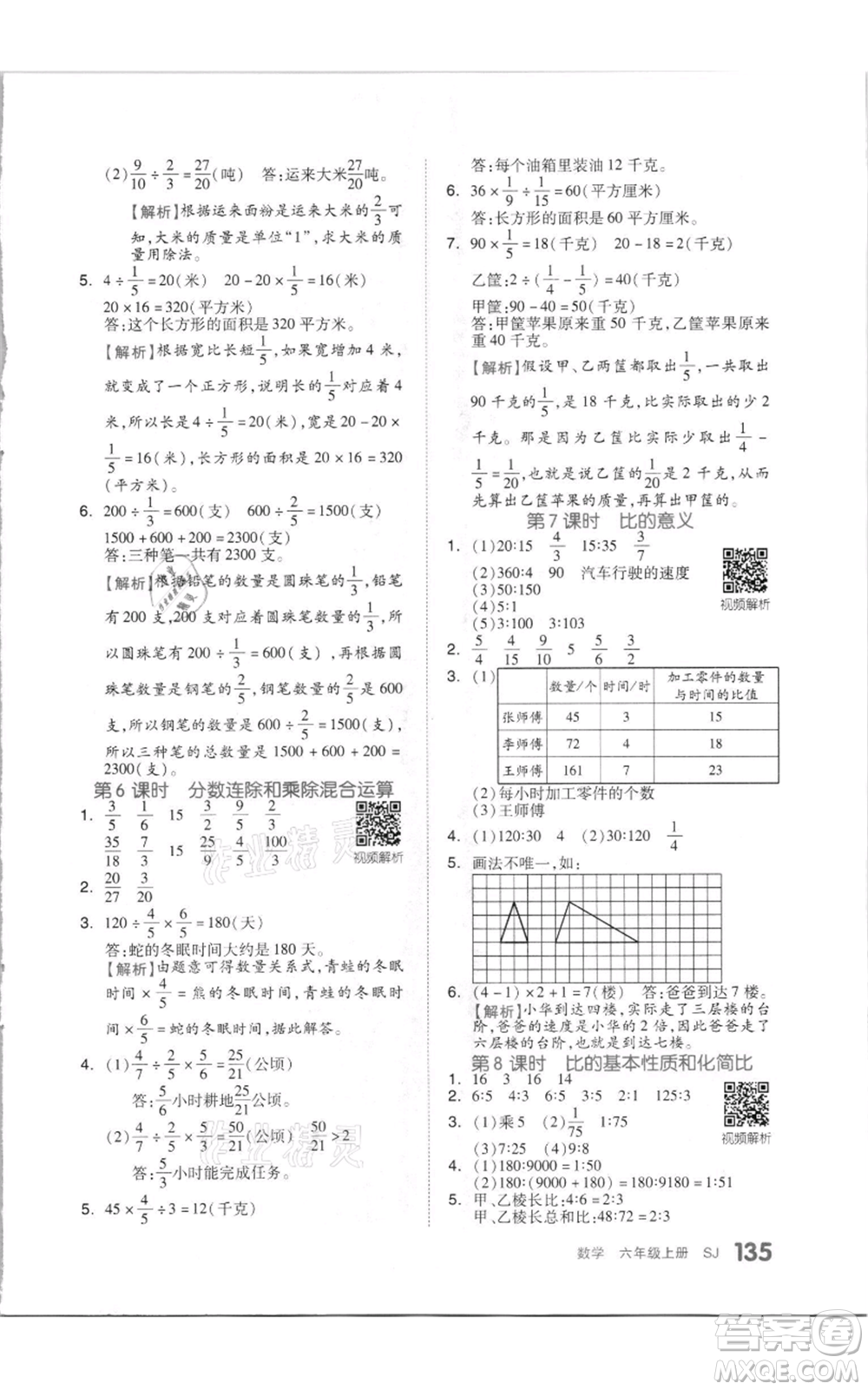 天津人民出版社2021全品作業(yè)本六年級上冊數(shù)學(xué)蘇教版參考答案