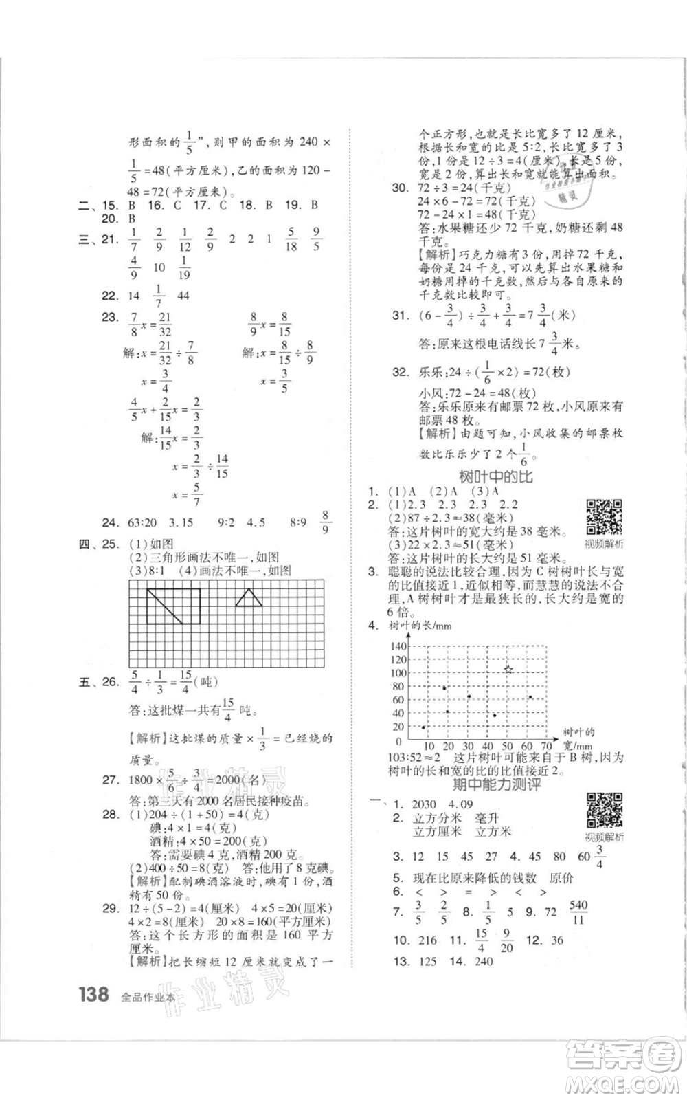 天津人民出版社2021全品作業(yè)本六年級上冊數(shù)學(xué)蘇教版參考答案