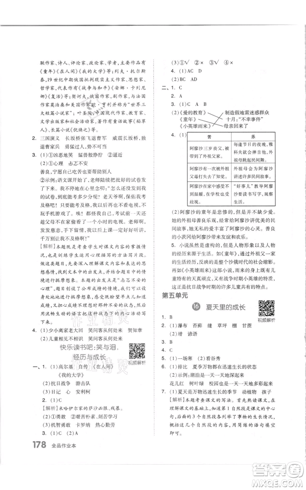 天津人民出版社2021全品作業(yè)本六年級(jí)上冊(cè)語(yǔ)文人教版參考答案