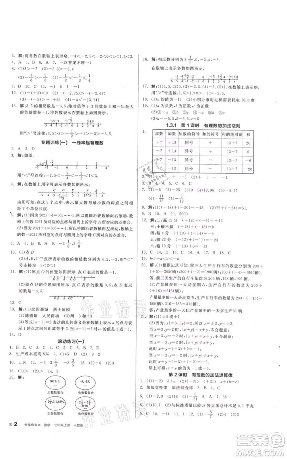 陽光出版社2021全品作業(yè)本七年級上冊數(shù)學人教版參考答案