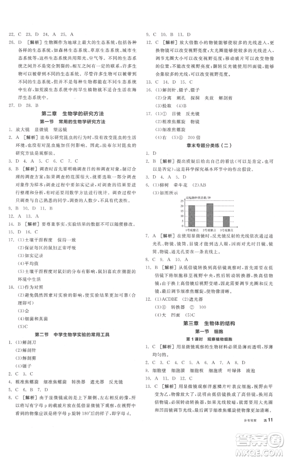 陽光出版社2021全品作業(yè)本七年級(jí)上冊(cè)生物北京課改版參考答案