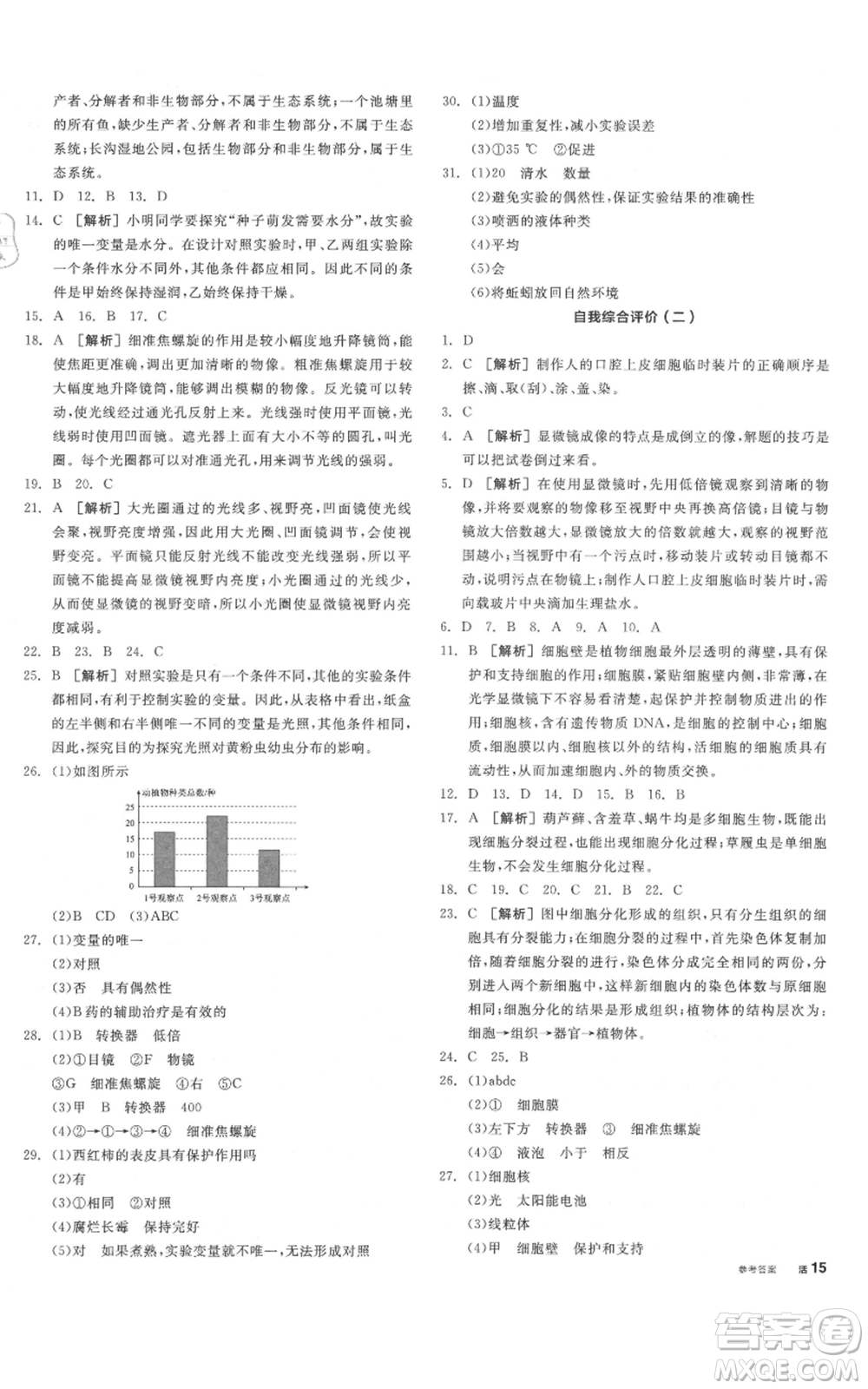 陽光出版社2021全品作業(yè)本七年級(jí)上冊(cè)生物北京課改版參考答案