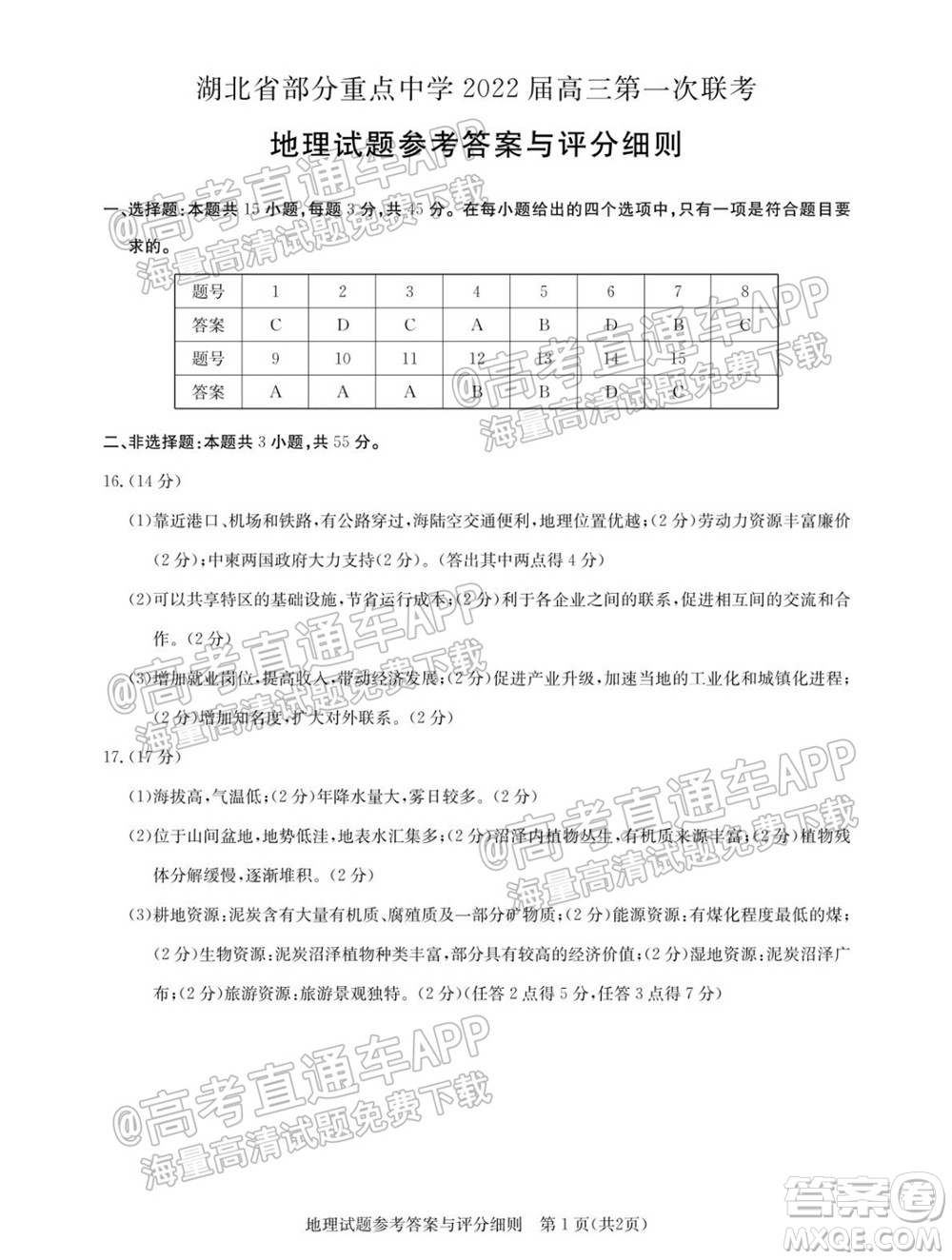 湖北省部分重點中學(xué)2022屆高三第一次聯(lián)考地理試題及答案
