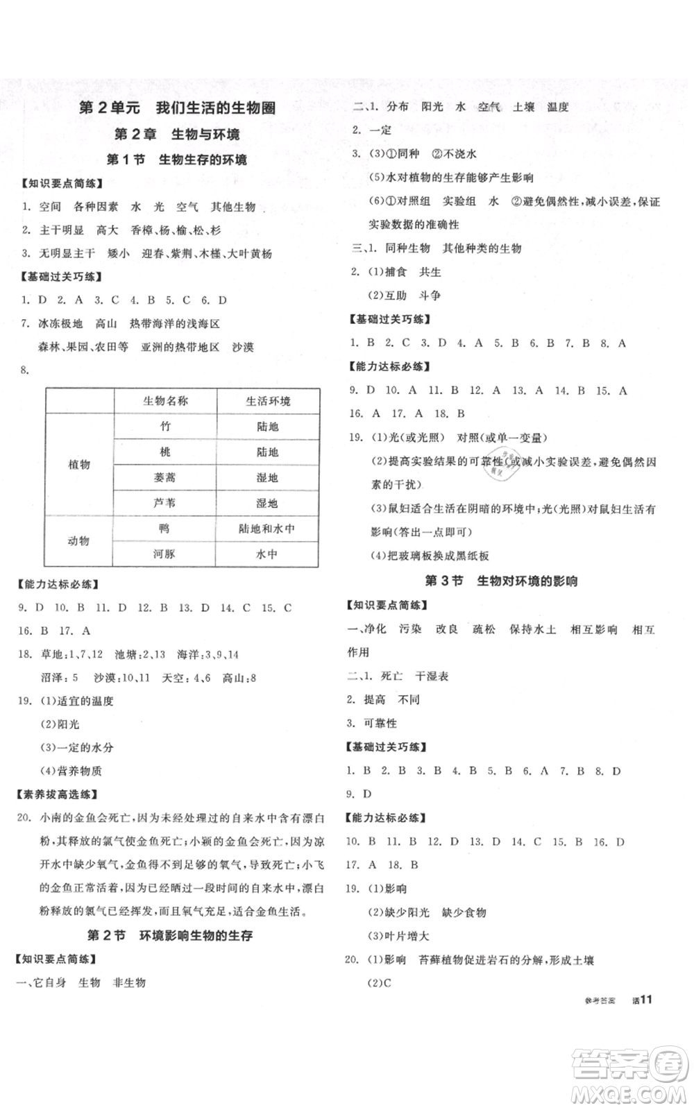 沈陽出版社2021全品作業(yè)本七年級(jí)上冊(cè)生物蘇科版徐州專版參考答案