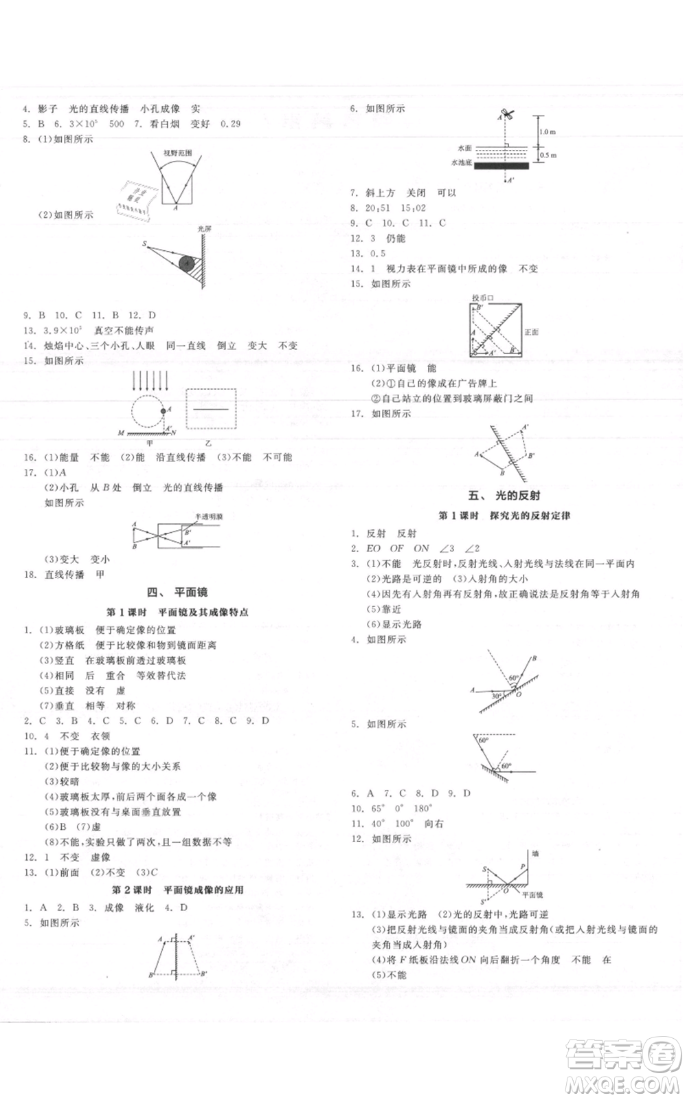 陽光出版社2021全品作業(yè)本八年級上冊物理A版蘇科版參考答案
