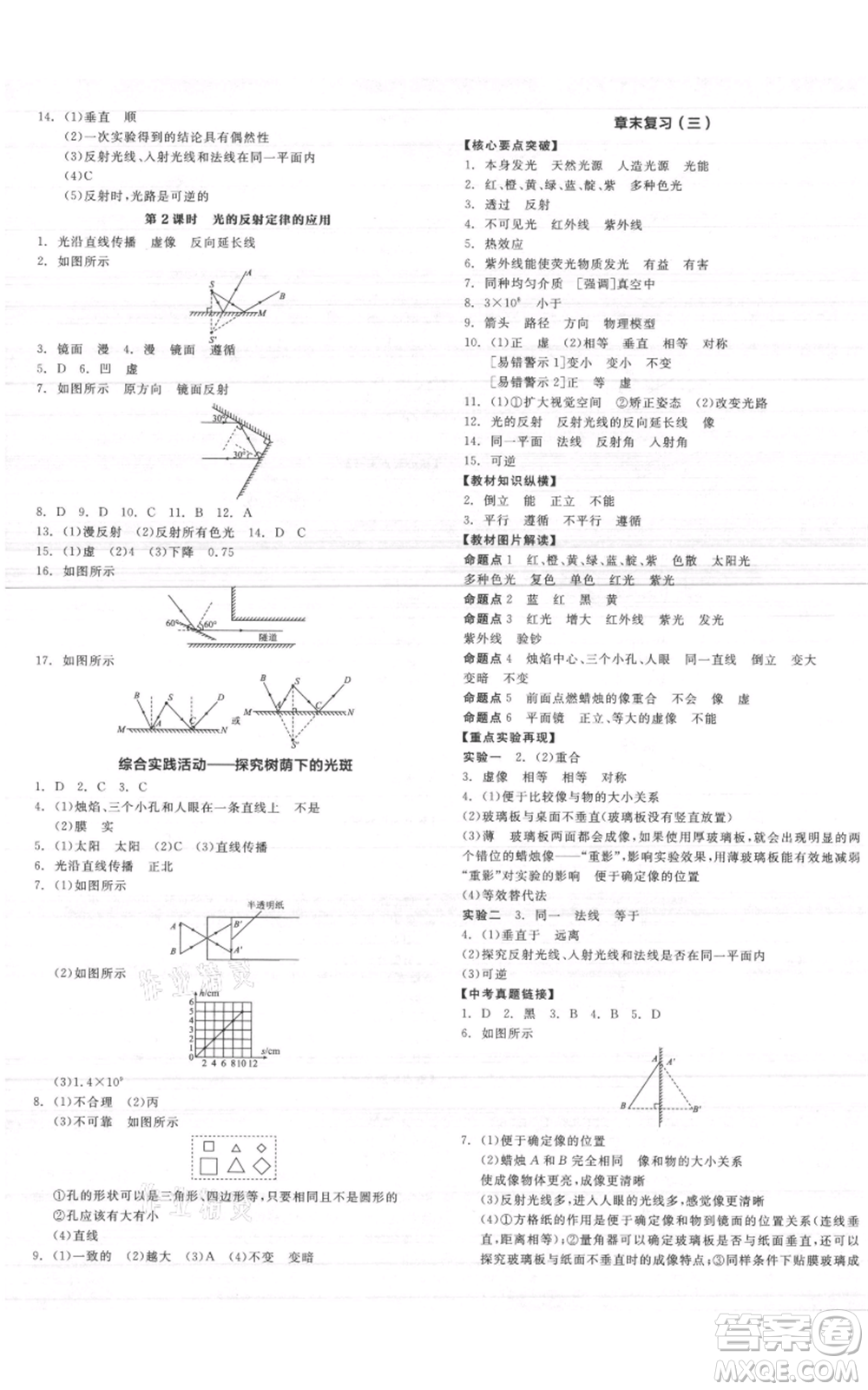 陽光出版社2021全品作業(yè)本八年級上冊物理A版蘇科版參考答案