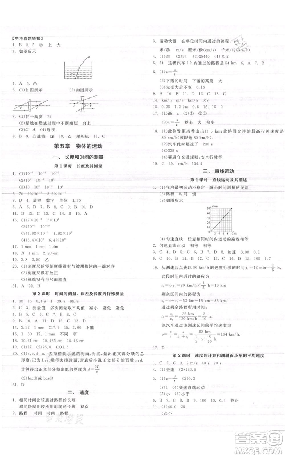 陽光出版社2021全品作業(yè)本八年級上冊物理A版蘇科版參考答案