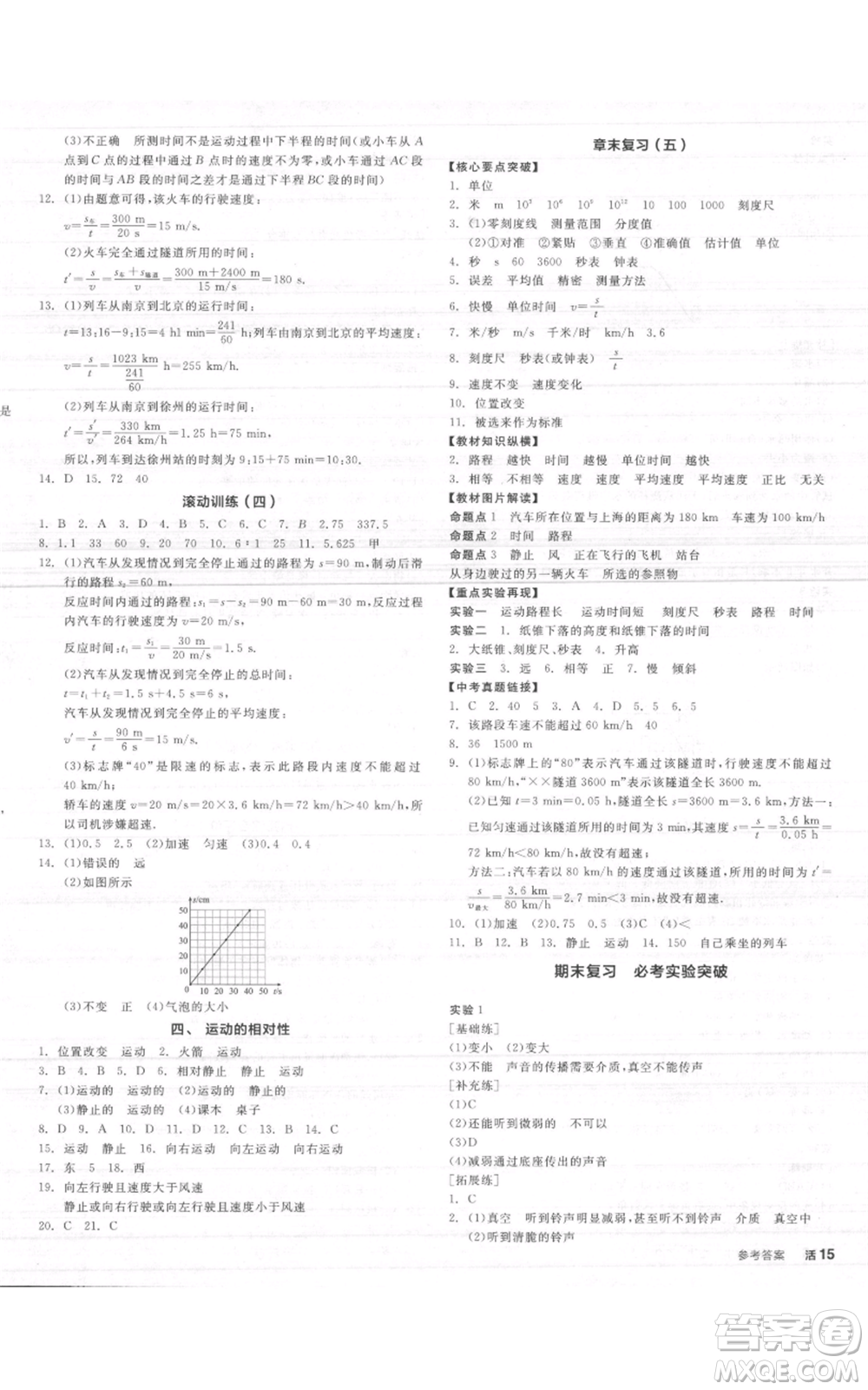 陽光出版社2021全品作業(yè)本八年級上冊物理A版蘇科版參考答案