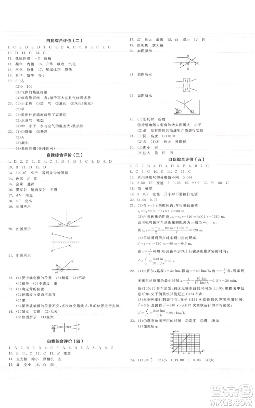 陽光出版社2021全品作業(yè)本八年級上冊物理A版蘇科版參考答案