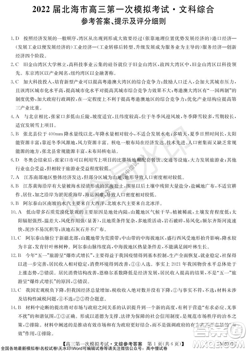 2022屆北海市高三第一次模擬考試文綜試題及答案