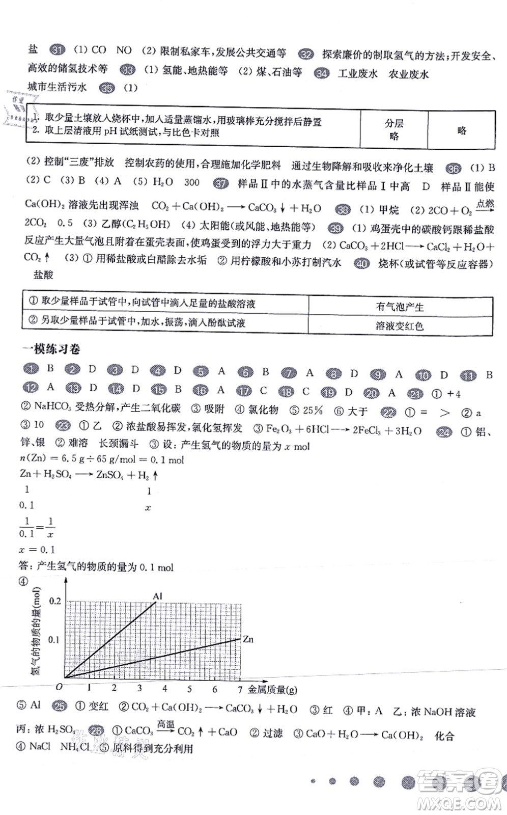 華東師范大學出版社2021一課一練九年級化學全一冊華東師大版增強版答案
