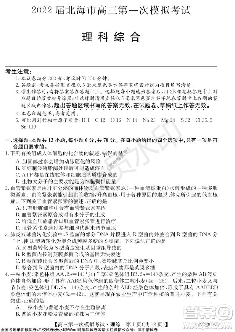 2022屆北海市高三第一次模擬考試?yán)砜凭C合試題及答案