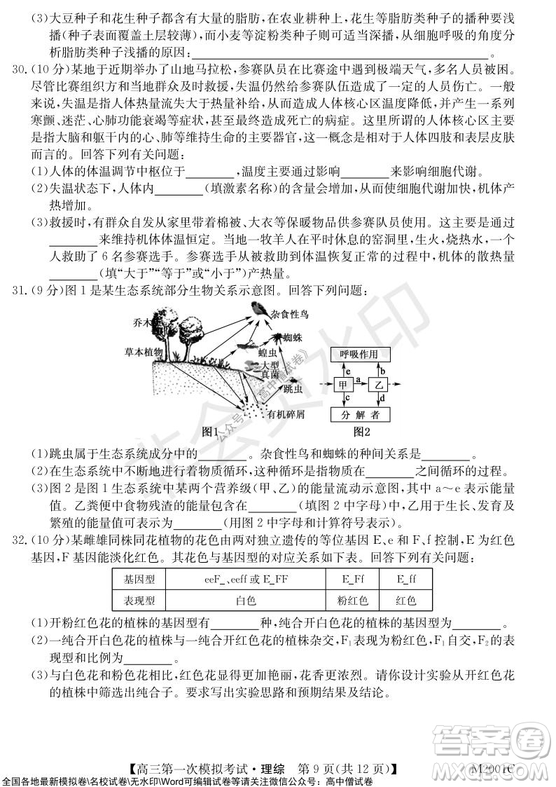 2022屆北海市高三第一次模擬考試?yán)砜凭C合試題及答案