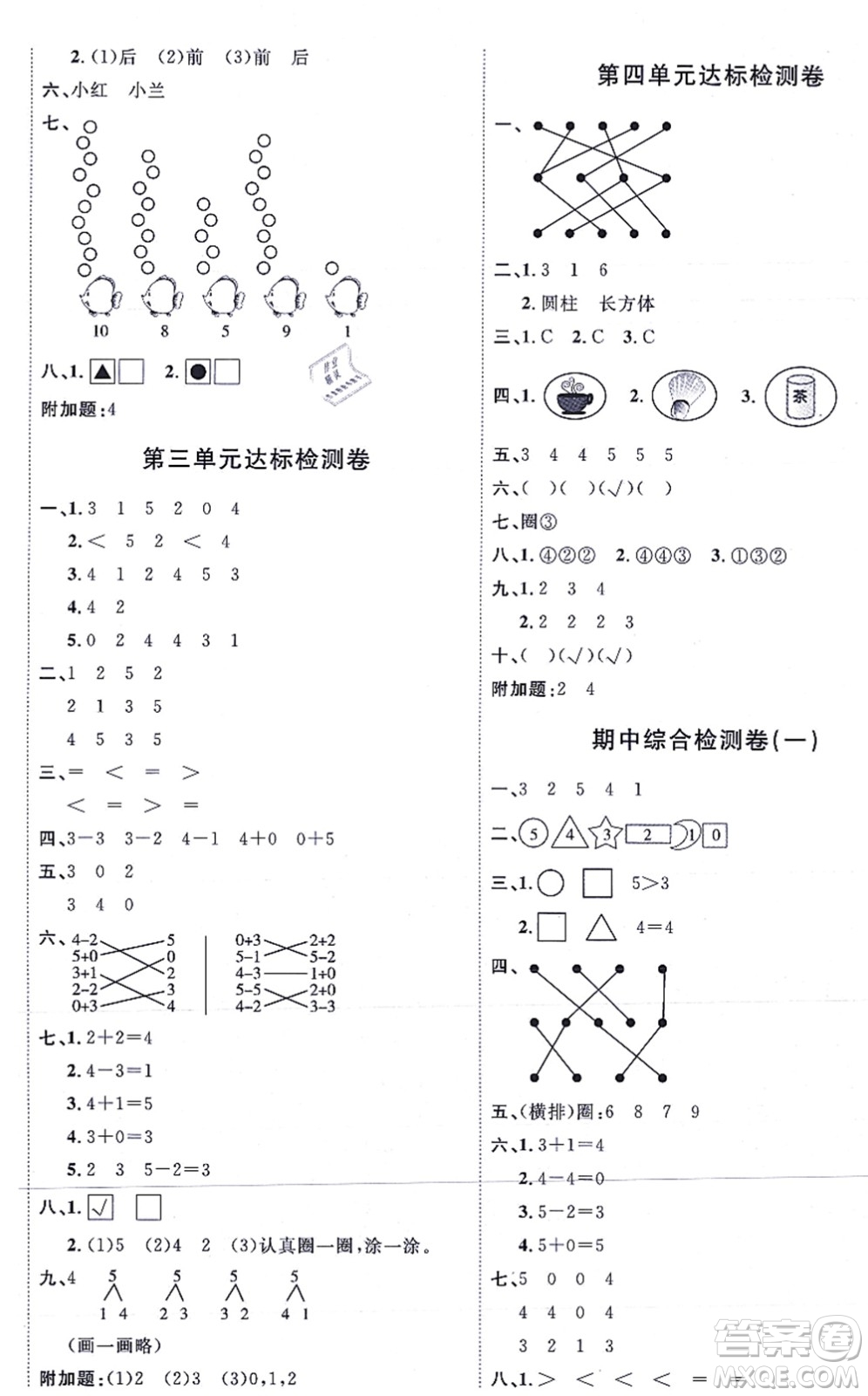 延邊教育出版社2021優(yōu)+密卷一年級(jí)數(shù)學(xué)上冊(cè)RJ人教版答案