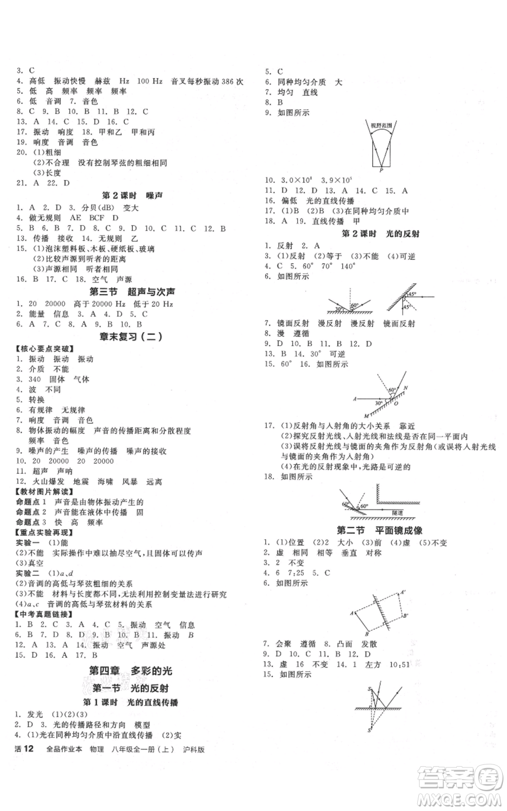 陽(yáng)光出版社2021全品作業(yè)本八年級(jí)上冊(cè)物理滬科版參考答案