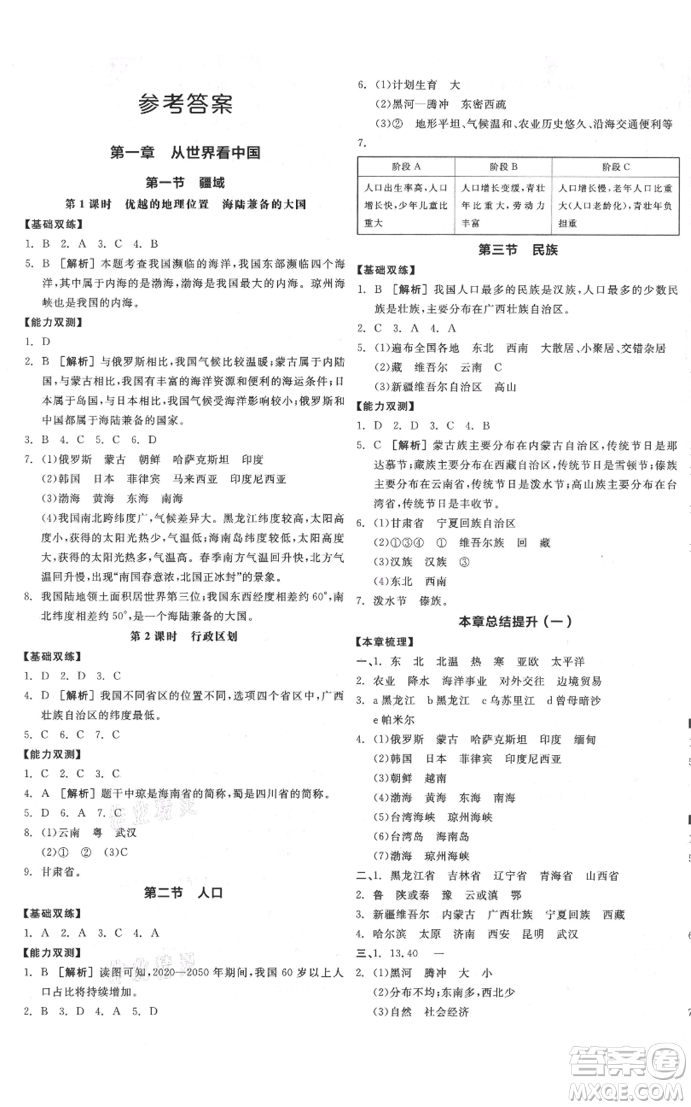 陽(yáng)光出版社2021全品作業(yè)本八年級(jí)上冊(cè)地理人教版參考答案