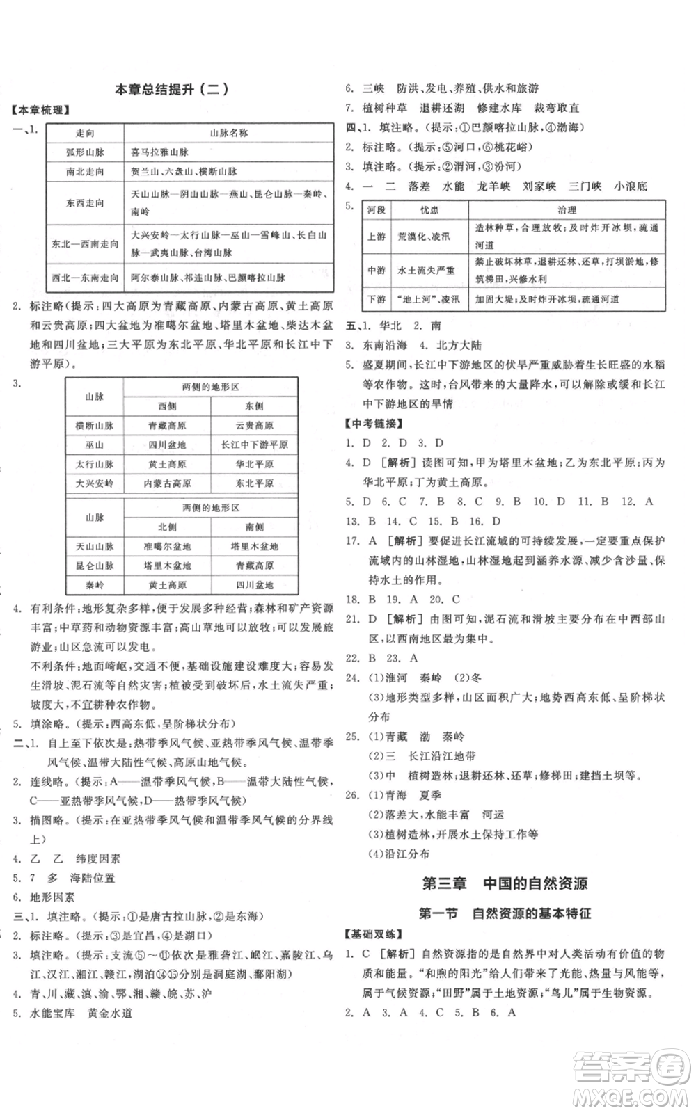 陽(yáng)光出版社2021全品作業(yè)本八年級(jí)上冊(cè)地理人教版參考答案