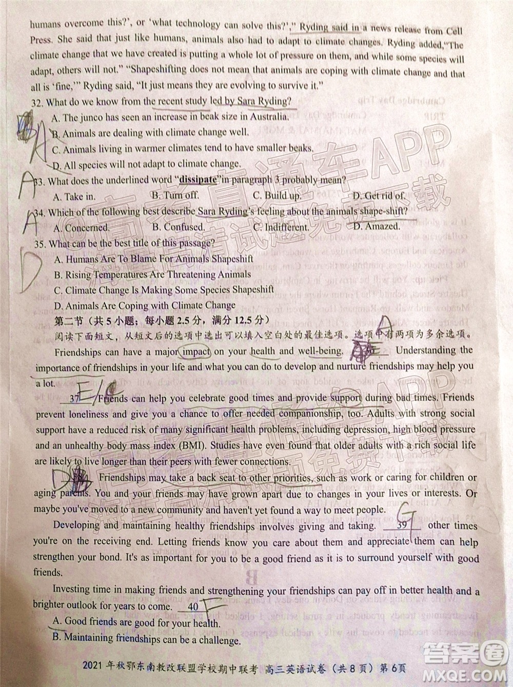 2021年秋季鄂東南省級(jí)示范高中教育教學(xué)改革聯(lián)盟學(xué)校期中聯(lián)考高三英語(yǔ)試題及答案