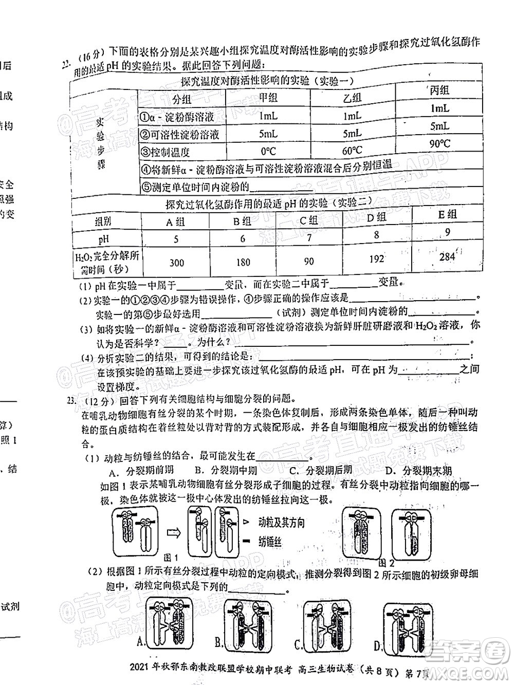 2021年秋季鄂東南省級示范高中教育教學(xué)改革聯(lián)盟學(xué)校期中聯(lián)考高三生物試題及答案