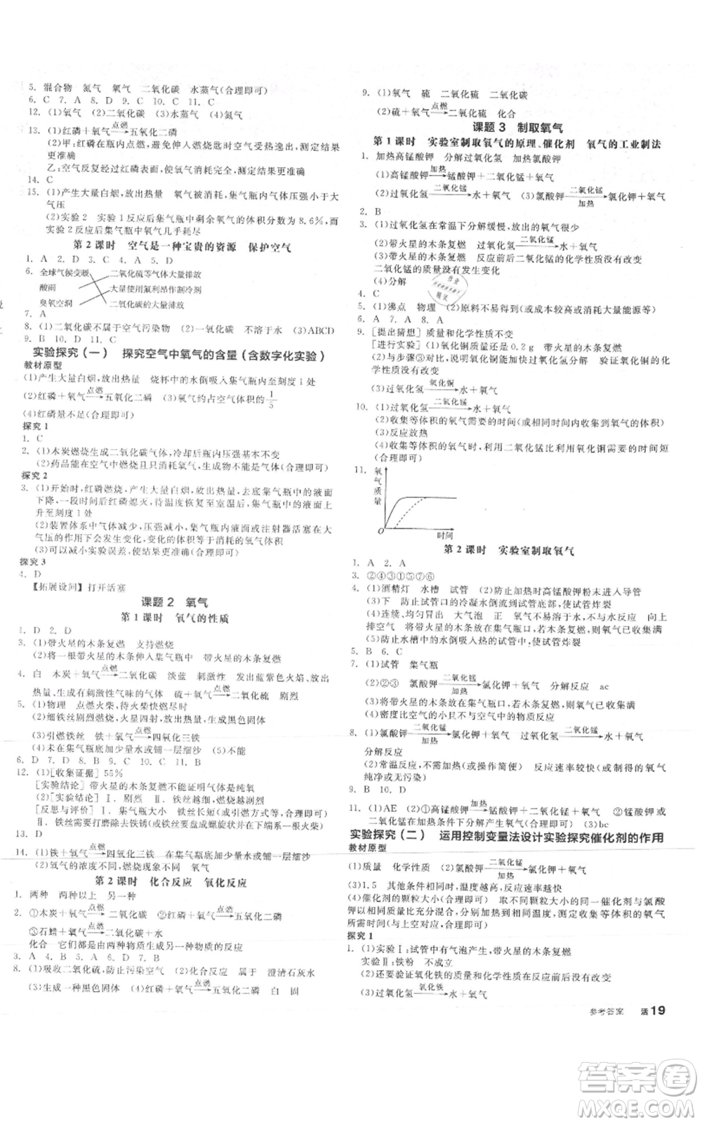 陽光出版社2021全品作業(yè)本九年級(jí)上冊化學(xué)人教版山西專版參考答案