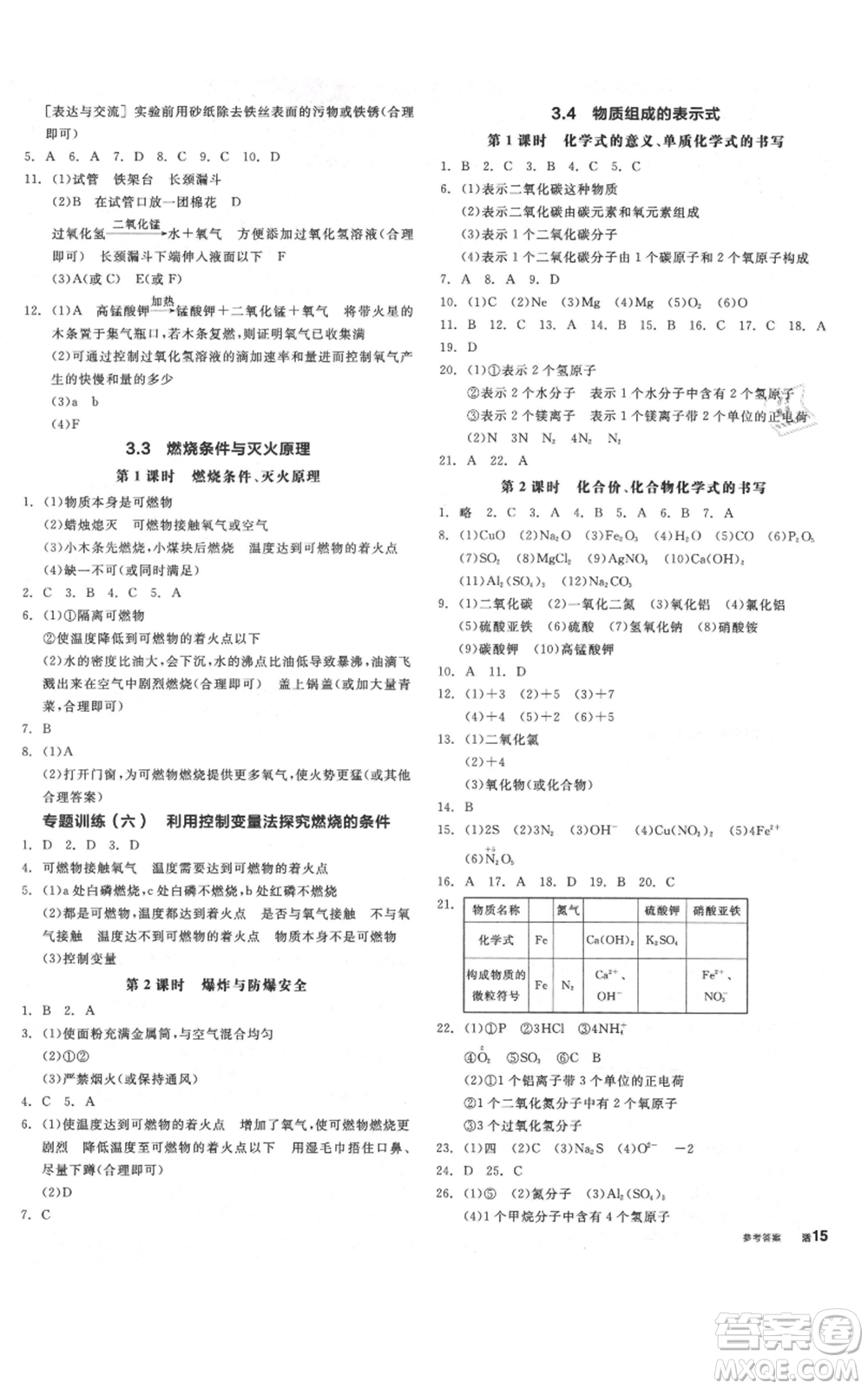 陽光出版社2021全品作業(yè)本九年級上冊化學(xué)科粵版參考答案