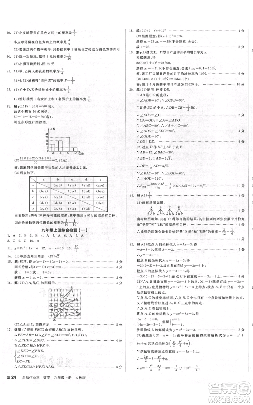 延邊教育出版社2021全品作業(yè)本九年級上冊數(shù)學人教版安徽專版參考答案