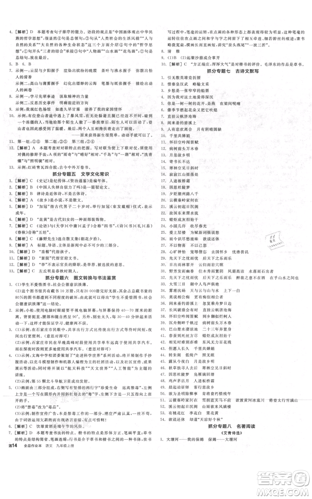 延邊教育出版社2021全品作業(yè)本九年級(jí)上冊(cè)語(yǔ)文人教版河北專版參考答案