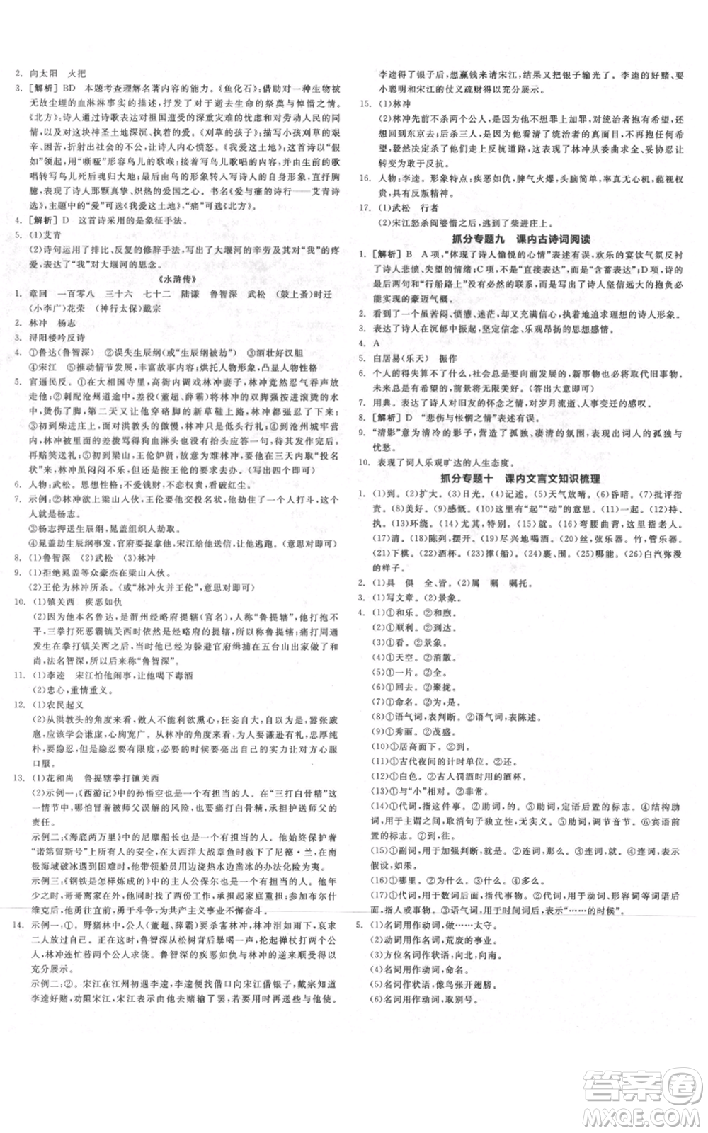 延邊教育出版社2021全品作業(yè)本九年級(jí)上冊(cè)語(yǔ)文人教版河北專版參考答案
