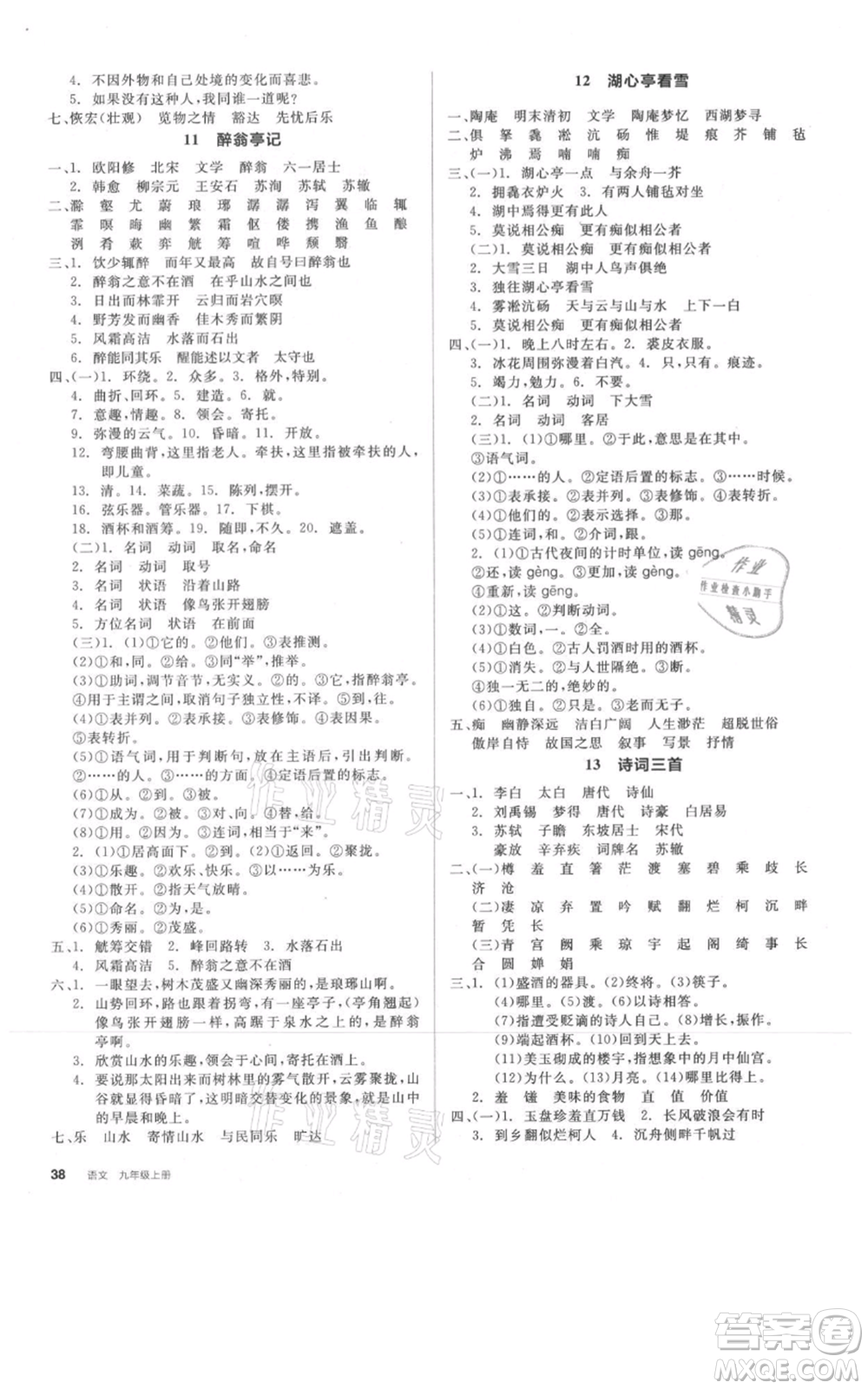 延邊教育出版社2021全品作業(yè)本九年級(jí)上冊(cè)語(yǔ)文人教版河北專版參考答案