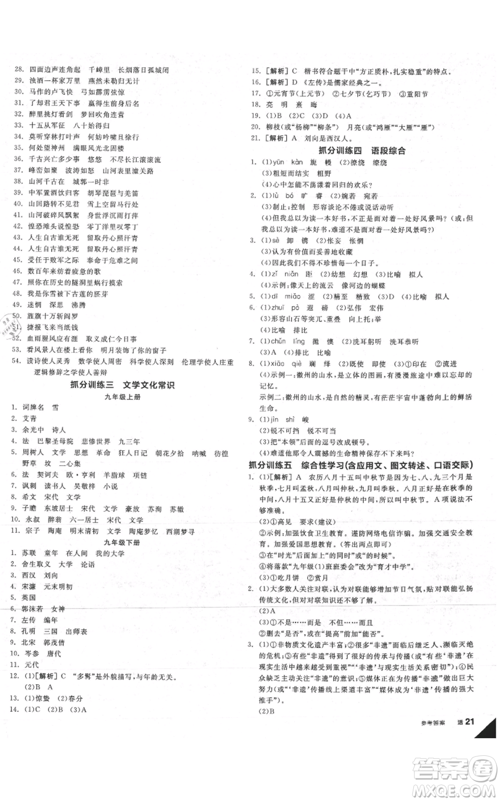 延邊教育出版社2021全品作業(yè)本九年級(jí)語(yǔ)文人教版安徽專版參考答案