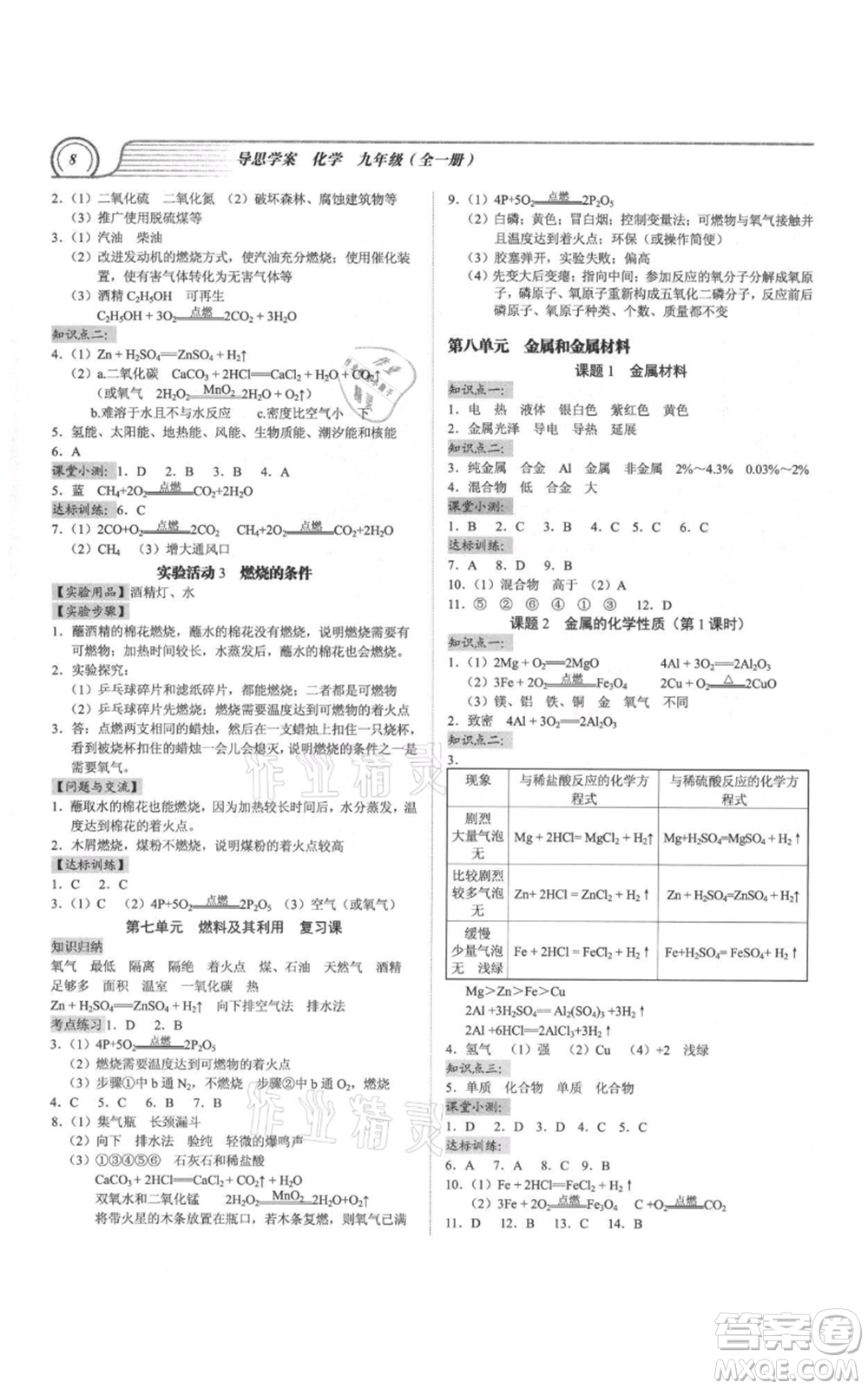 廣州出版社2021導(dǎo)思學(xué)案九年級化學(xué)人教版參考答案