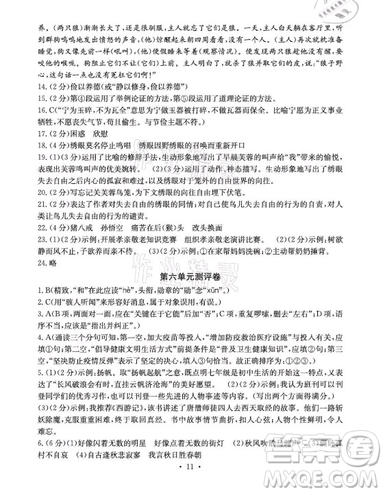 光明日報出版社2021大顯身手素質教育單元測評卷語文七年級上冊人教版答案