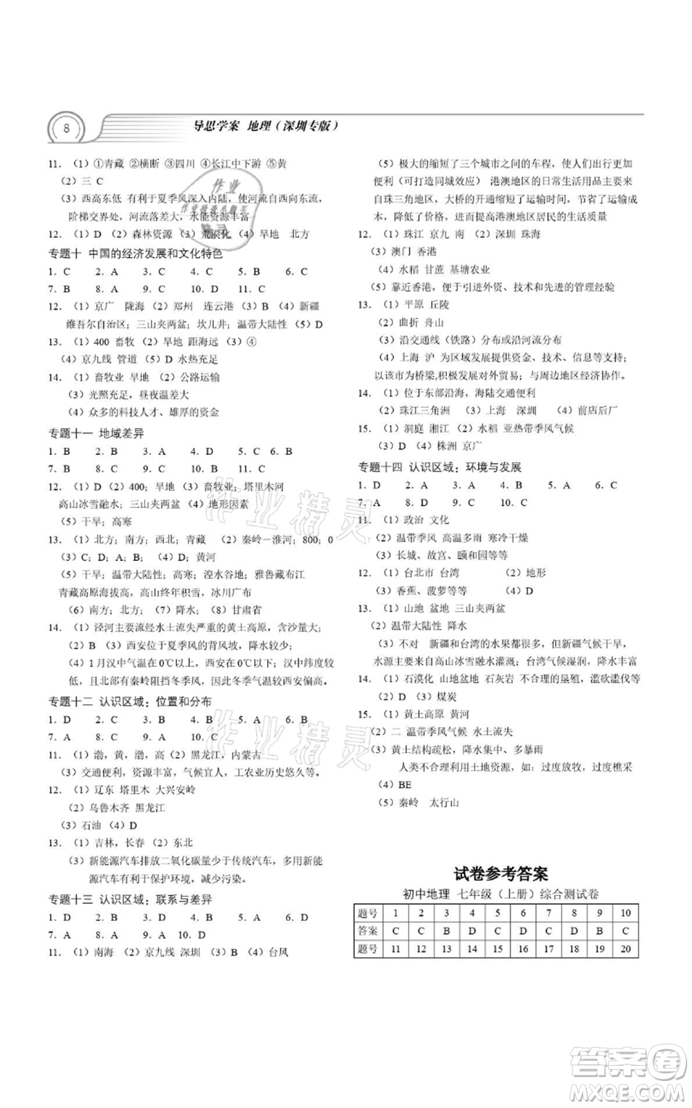 廣州出版社2021導(dǎo)思學(xué)案深圳會(huì)考八年級(jí)地理通用版深圳專版參考答案