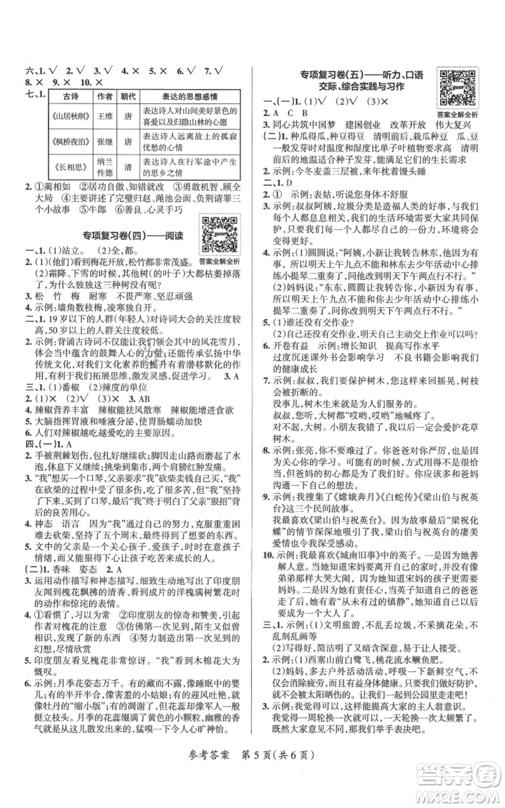 陜西師范大學(xué)出版總社有限公司2021小學(xué)學(xué)霸單元期末標(biāo)準(zhǔn)卷五年級上冊語文人教版參考答案