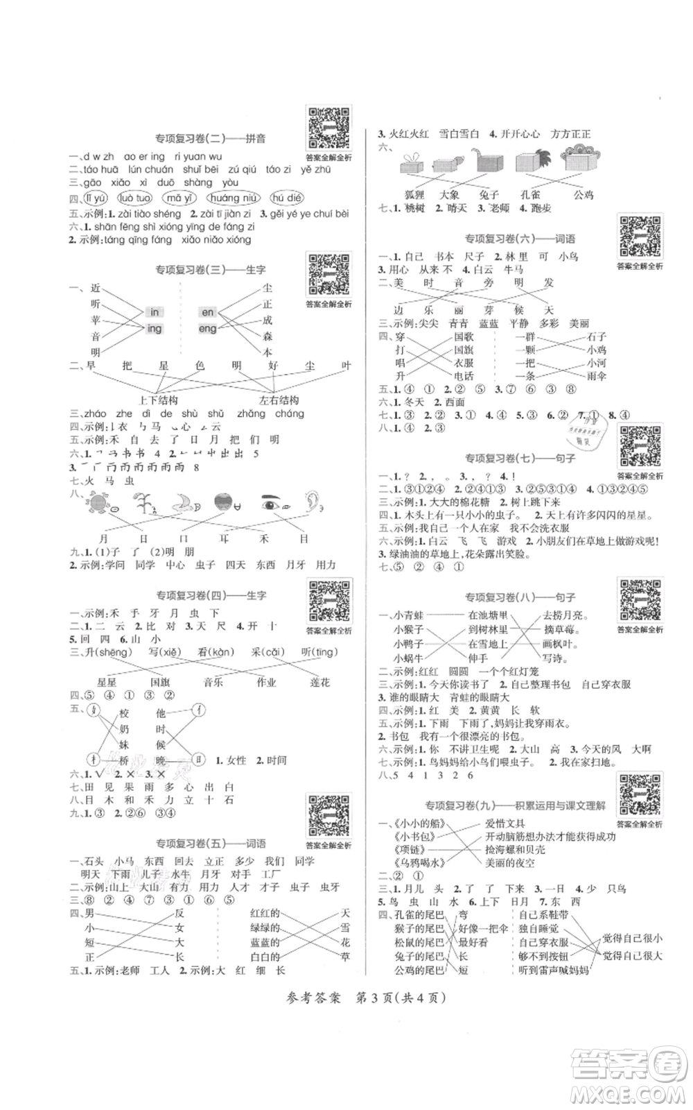 陜西師范大學(xué)出版總社有限公司2021小學(xué)學(xué)霸單元期末標(biāo)準(zhǔn)卷一年級(jí)上冊(cè)語文人教版參考答案