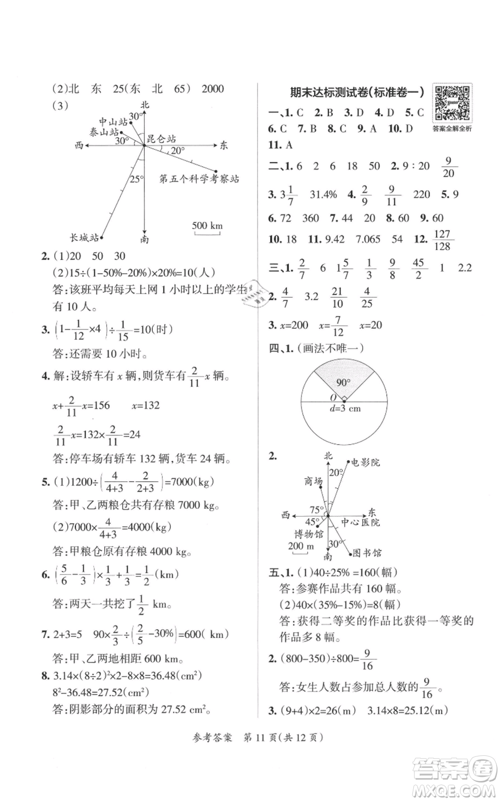 陜西師范大學(xué)出版總社有限公司2021小學(xué)學(xué)霸單元期末標(biāo)準(zhǔn)卷六年級(jí)上冊(cè)數(shù)學(xué)人教版參考答案